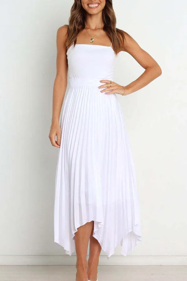 Solid color sun pleated elastic high waist casual all-match fashion dress