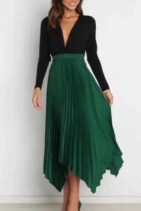 Solid color sun pleated elastic high waist casual all-match fashion dress