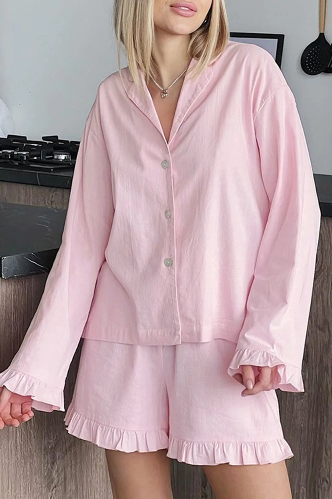 Solid Ruffle Cotton Loungewear