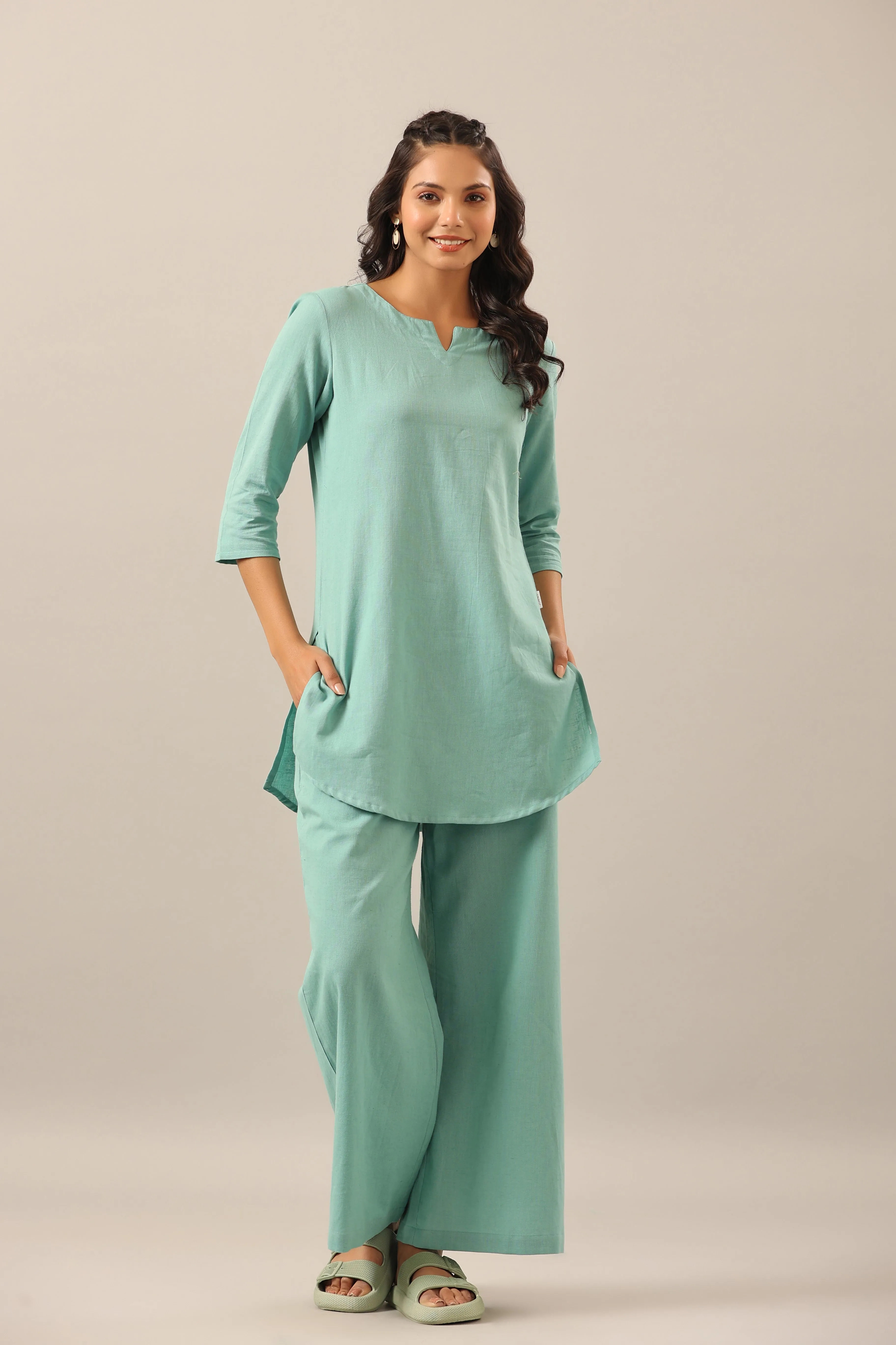 Solid Turquoise Cotton Flex Palazzo Loungewear Set