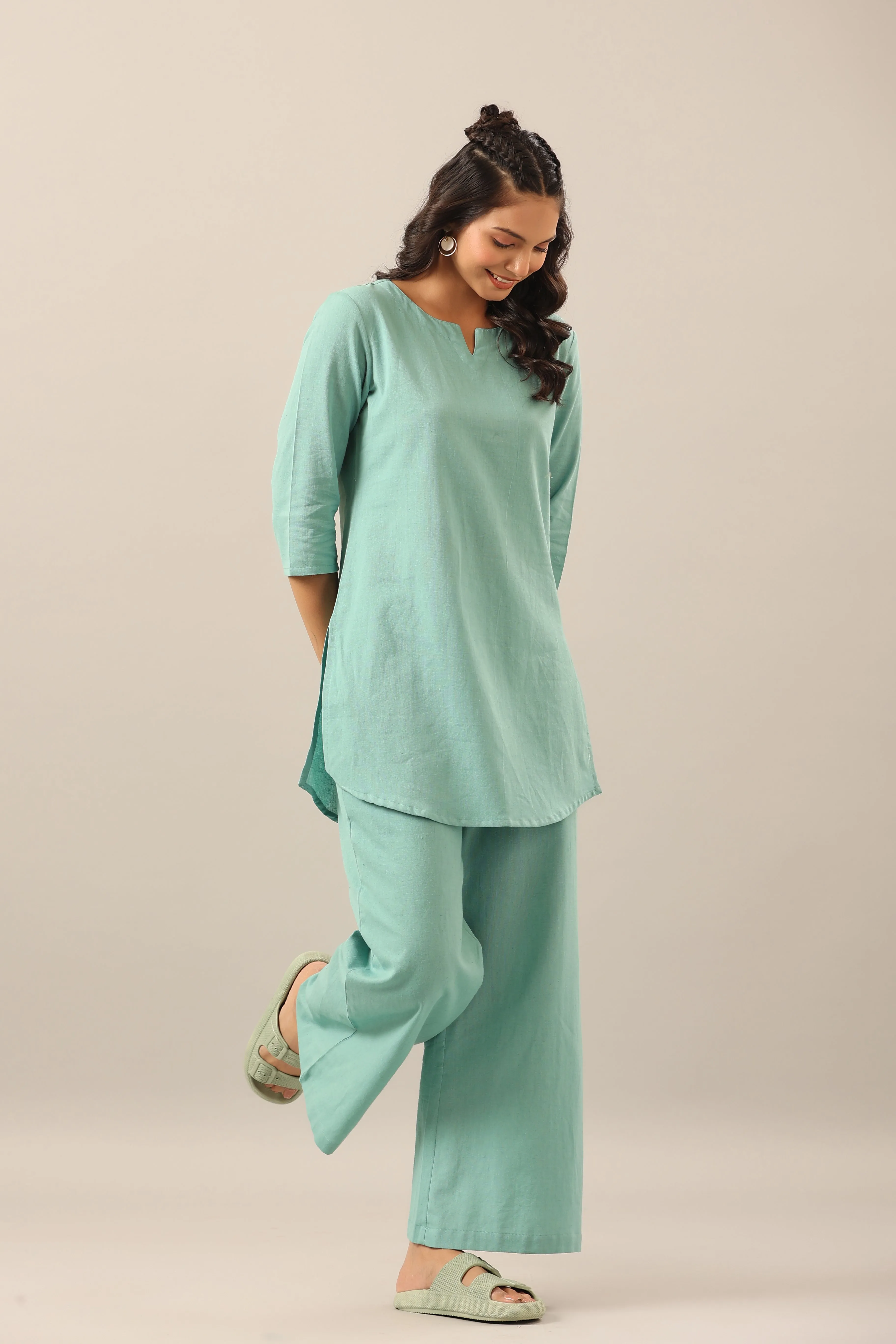 Solid Turquoise Cotton Flex Palazzo Loungewear Set