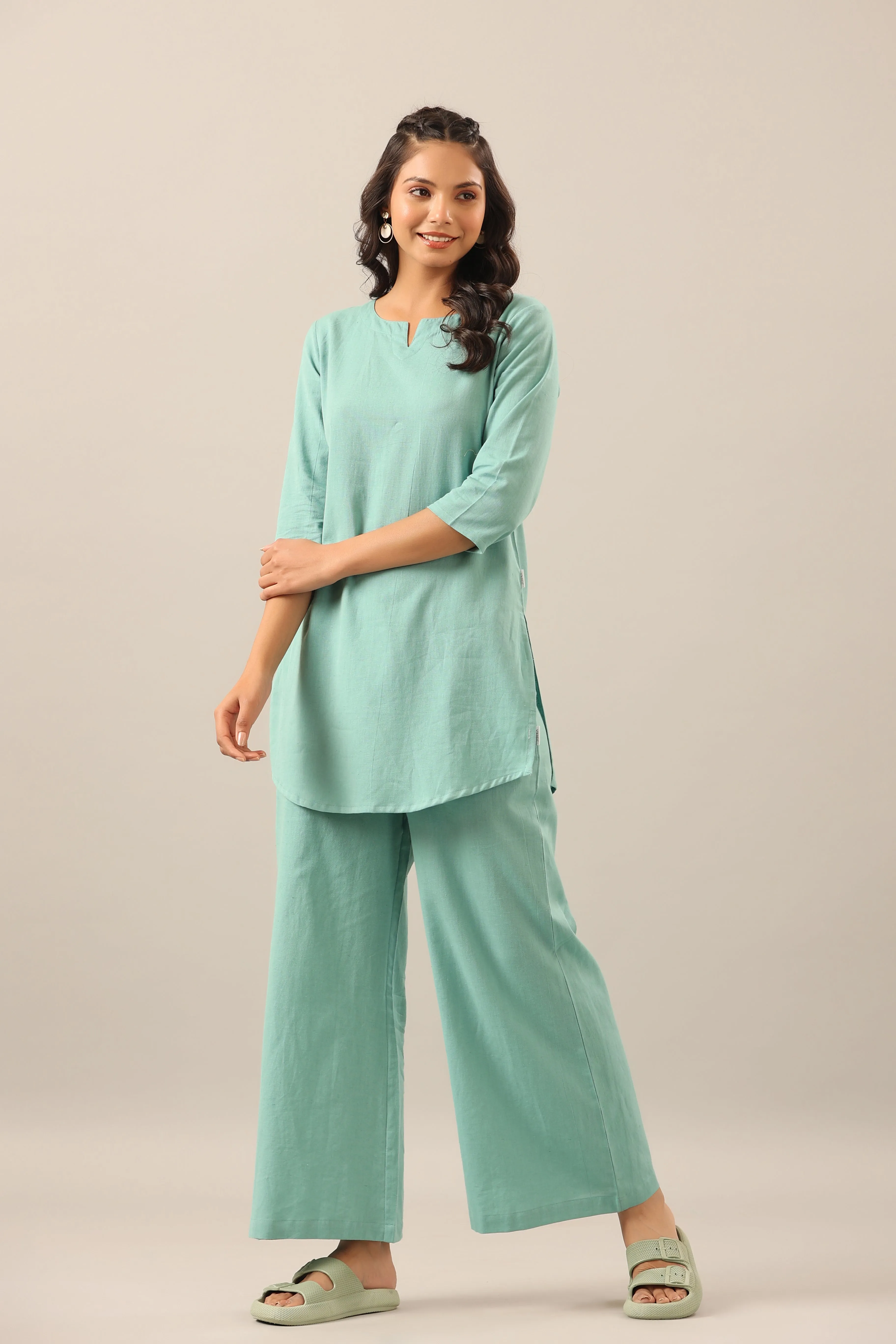 Solid Turquoise Cotton Flex Palazzo Loungewear Set