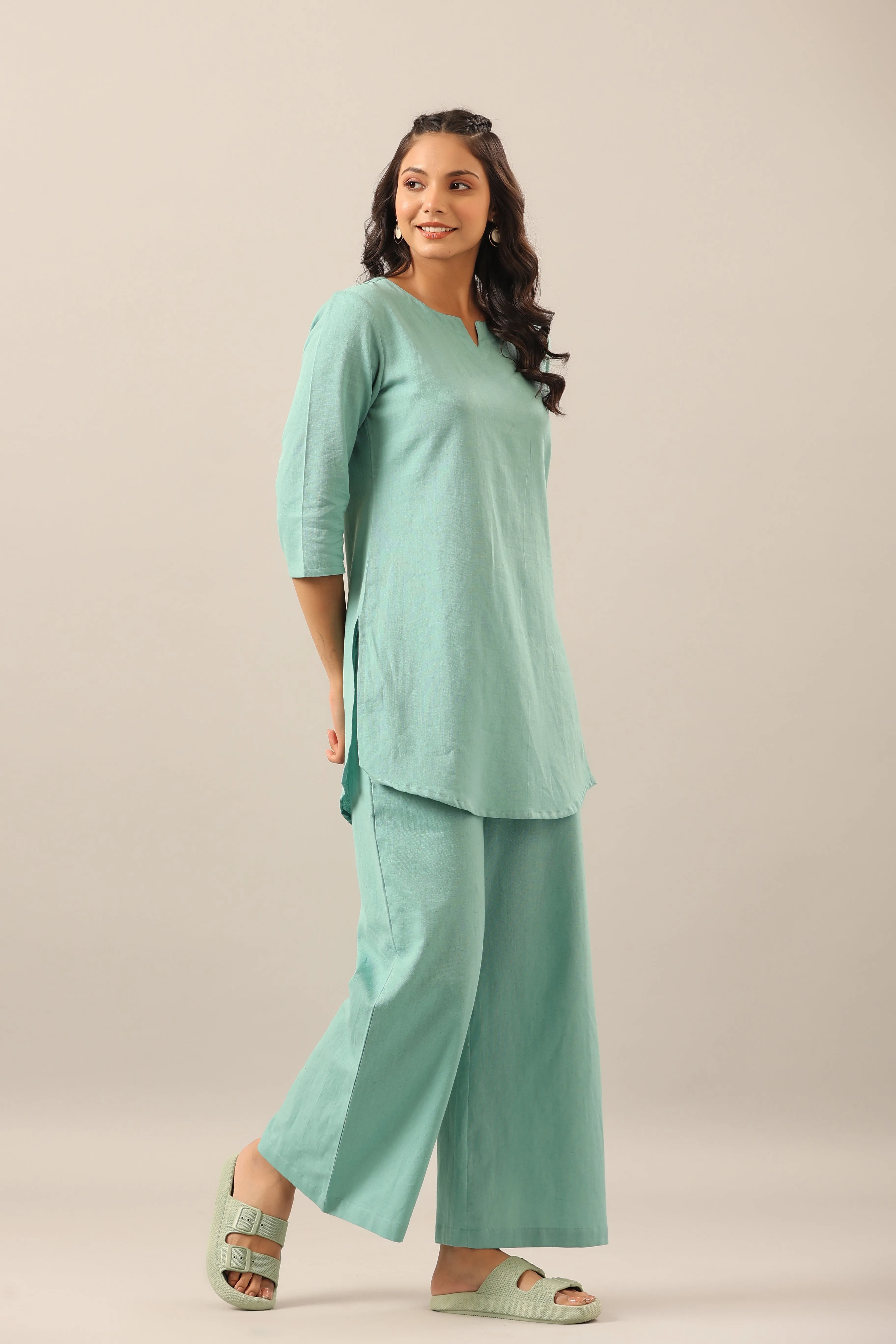 Solid Turquoise Cotton Flex Palazzo Loungewear Set