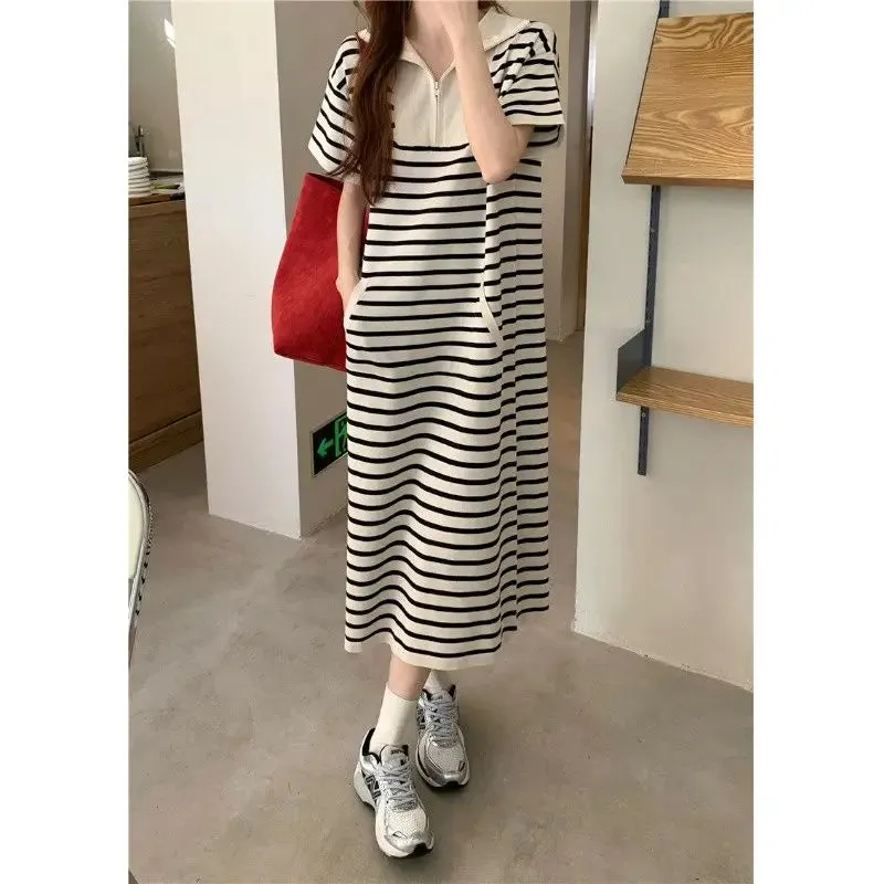 Striped Loose-Fitting Short Sleeve Midi Dress