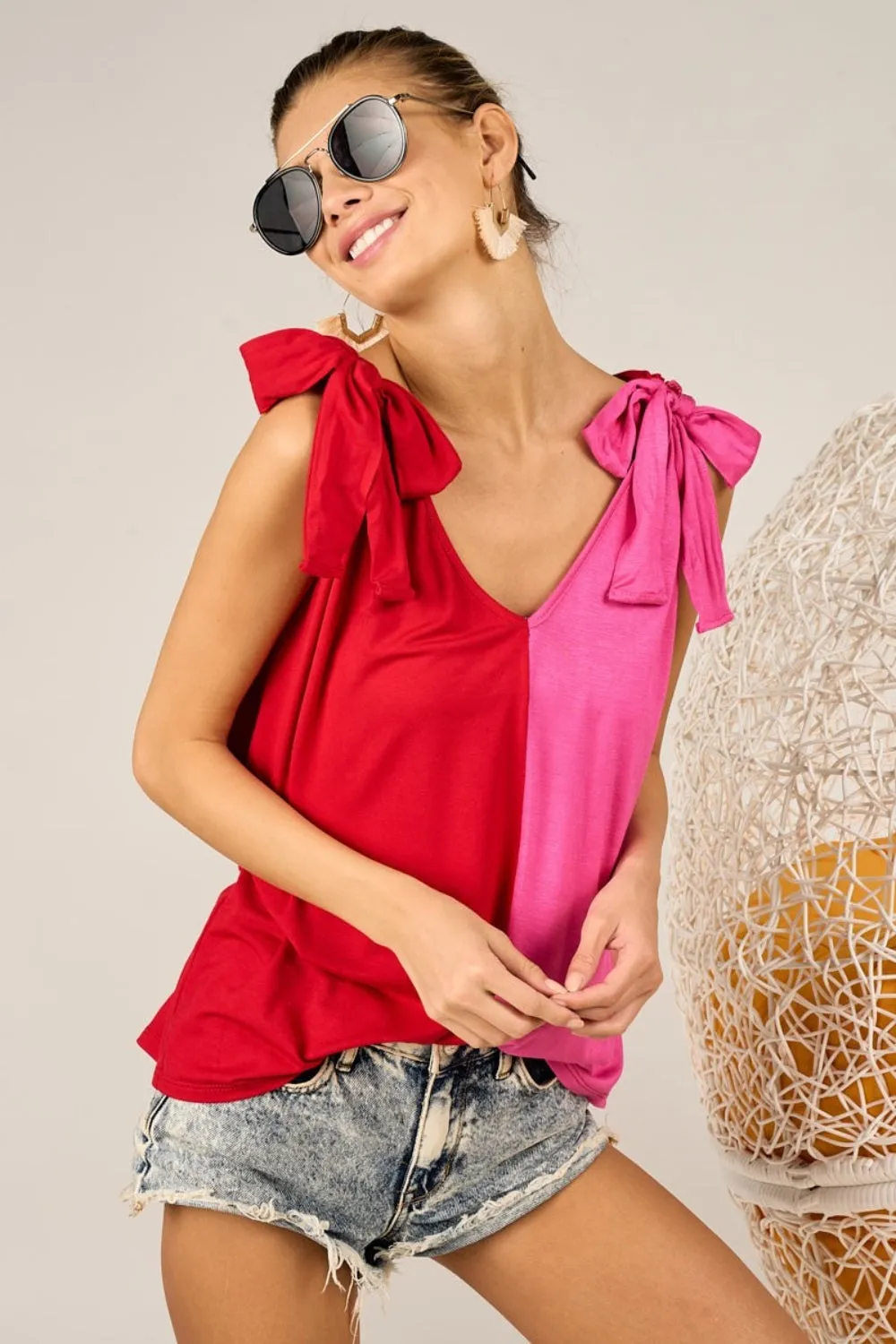 TEEK - Red Fuchsia Shoulder Ribbon Tied Contrast Tank