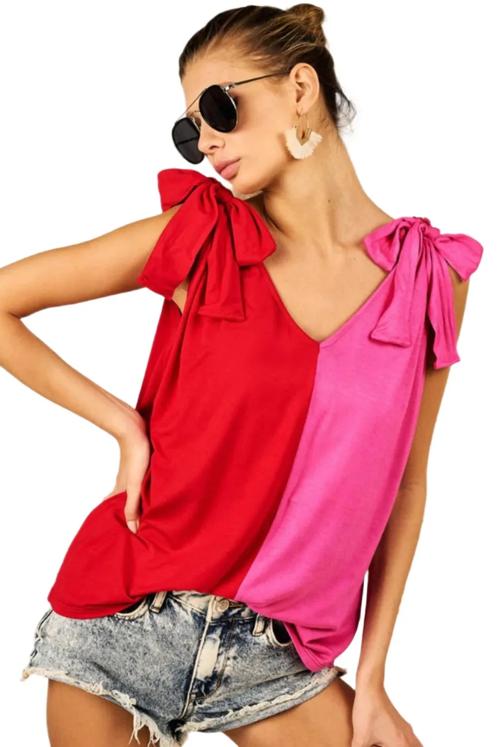 TEEK - Red Fuchsia Shoulder Ribbon Tied Contrast Tank