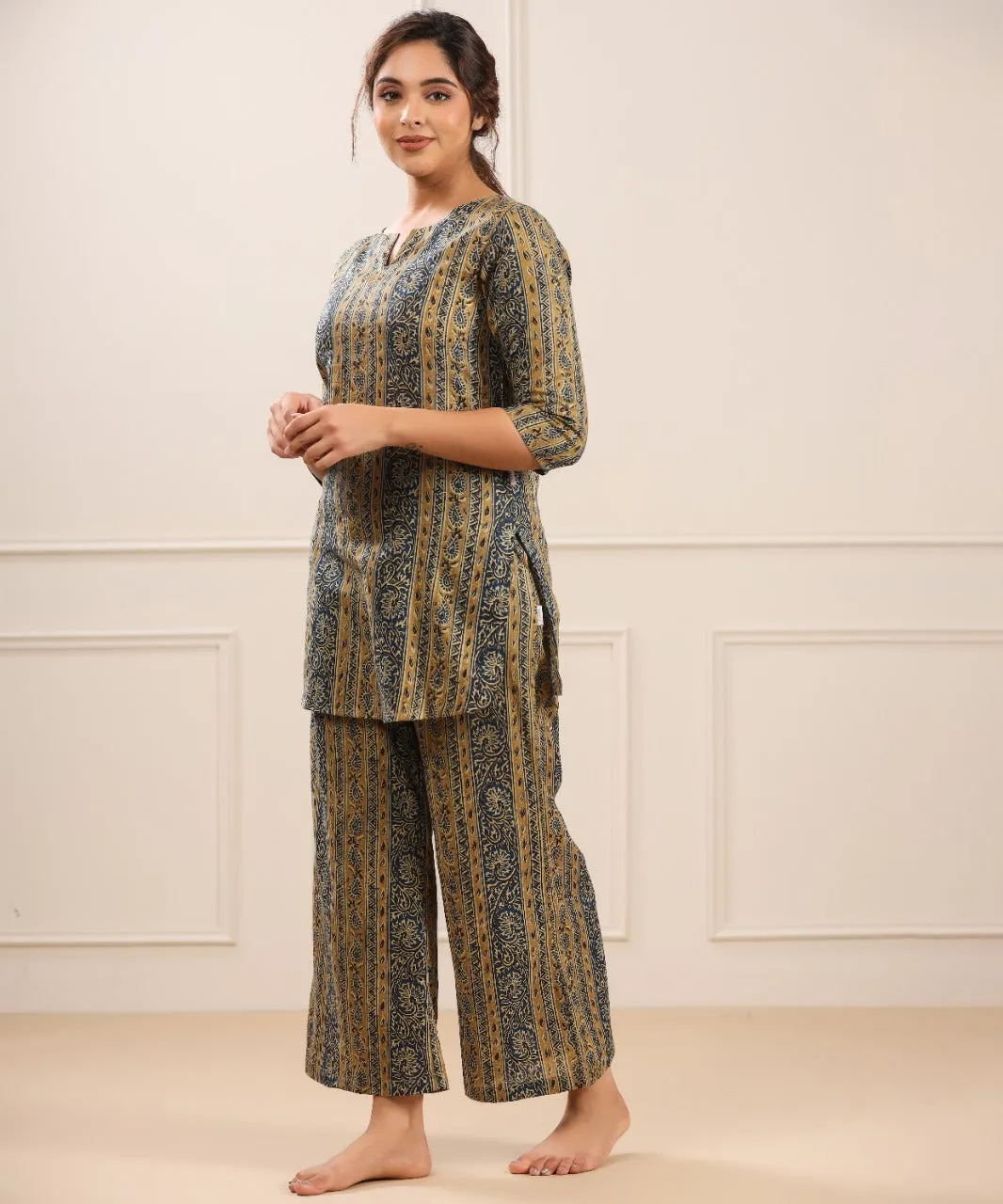 Traditional Parallel Motif on Cotton Palazzo Loungewear Set