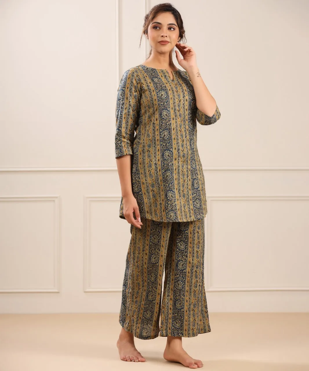 Traditional Parallel Motif on Cotton Palazzo Loungewear Set