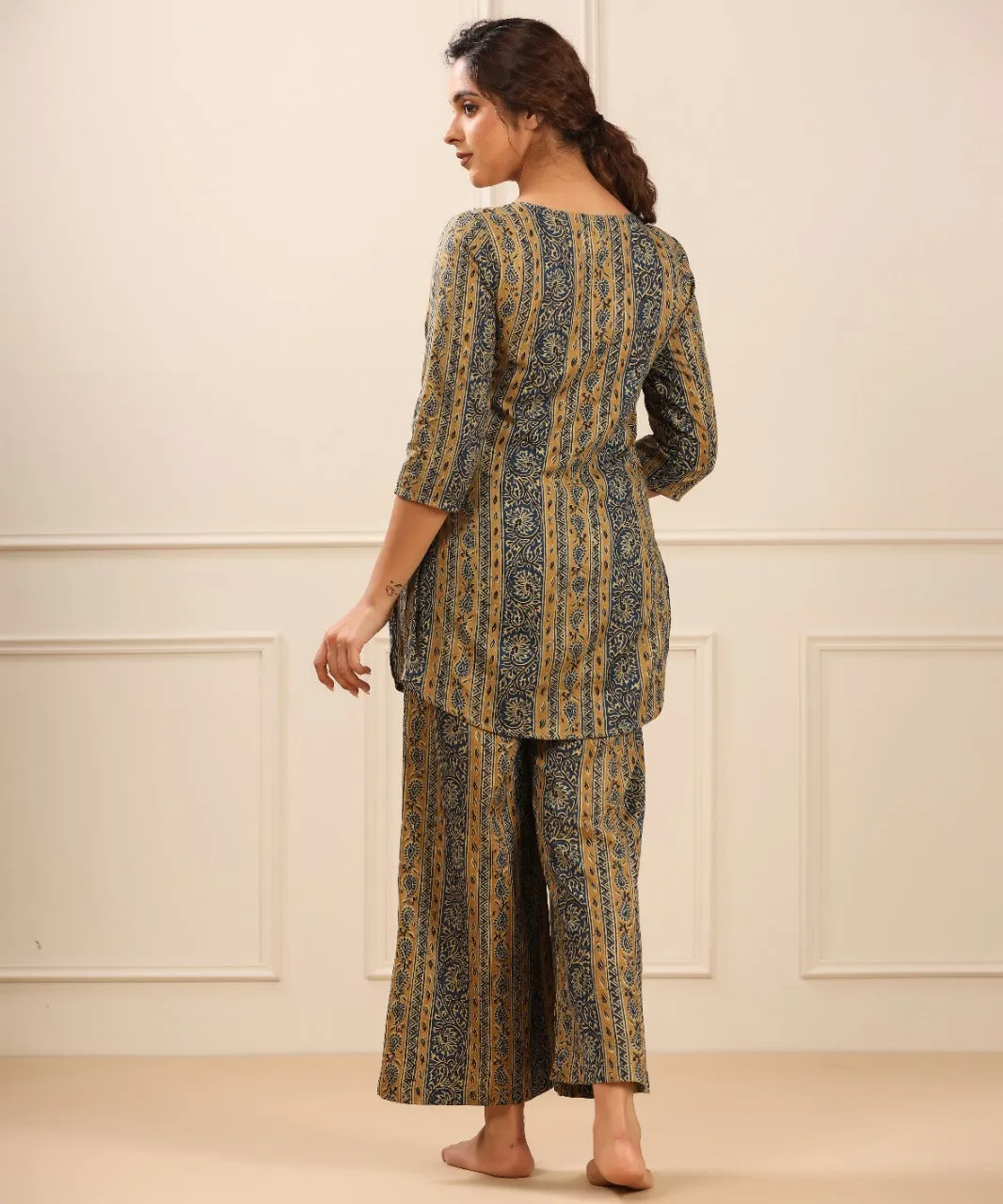 Traditional Parallel Motif on Cotton Palazzo Loungewear Set