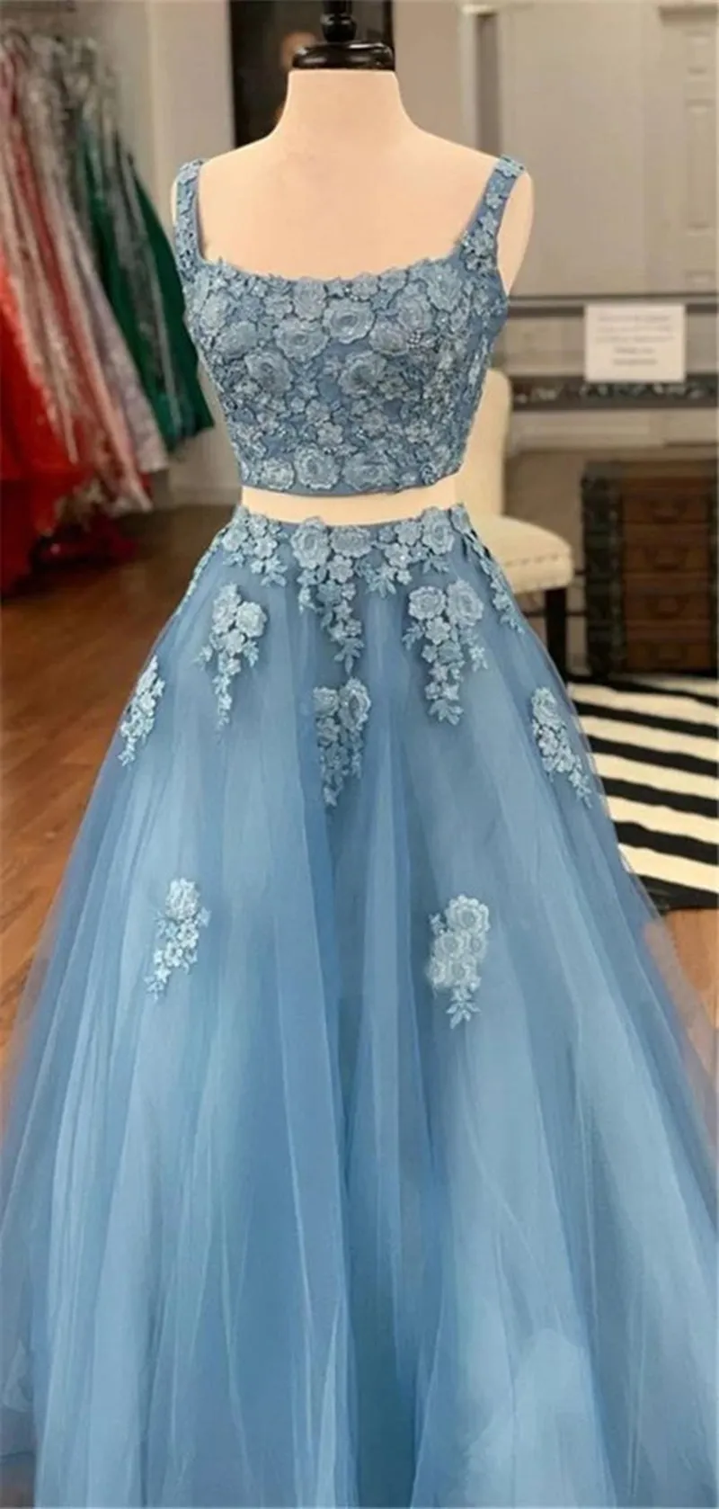 Two Piece Blue Lace Long Prom, 2 Piece Blue Formal, Blue Lace Evening