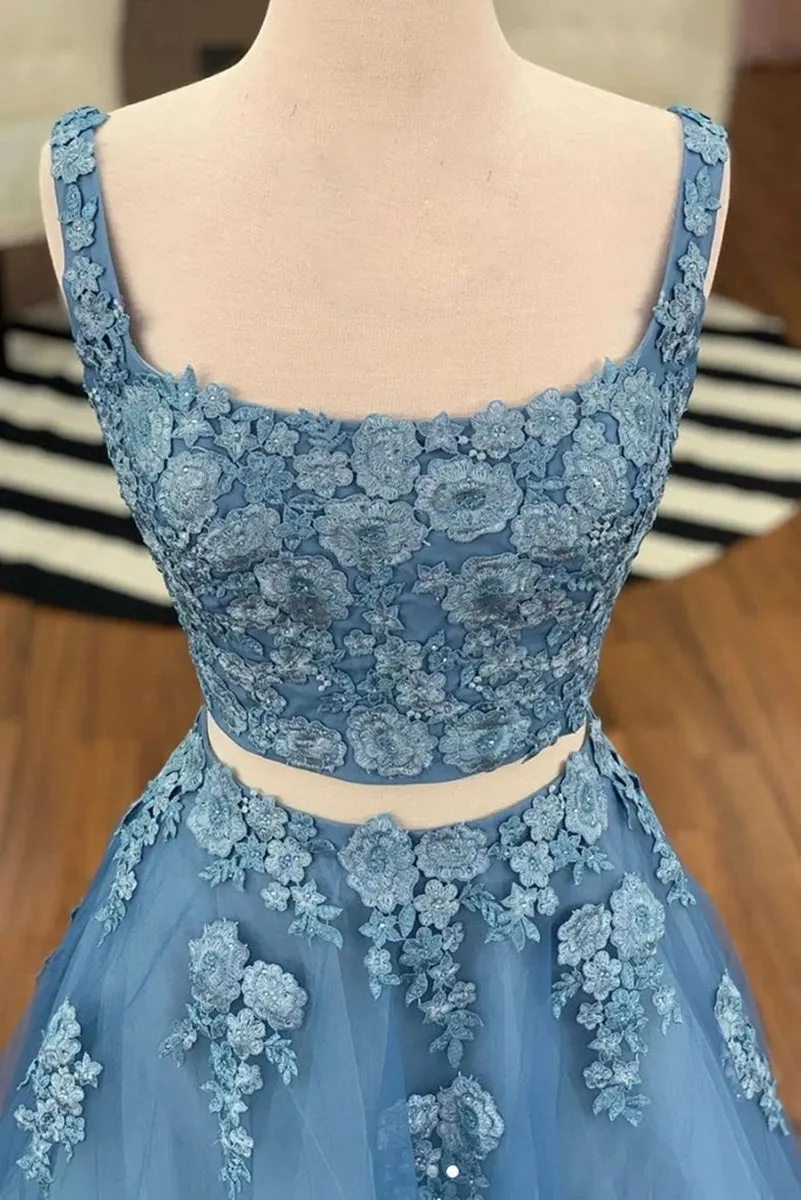 Two Piece Blue Lace Long Prom, 2 Piece Blue Formal, Blue Lace Evening