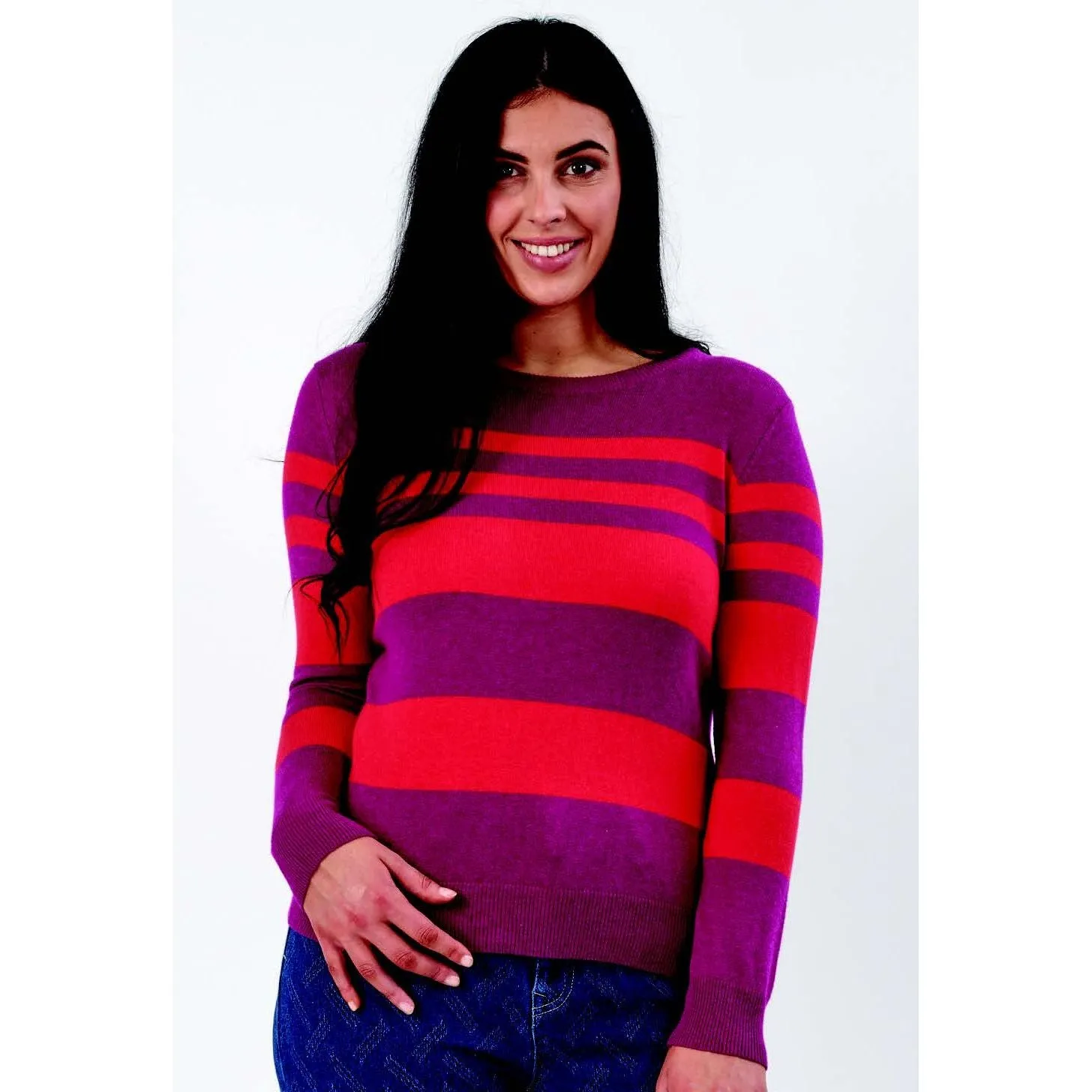 Vassalli - Stripe Round Neck Knit Sweater - Magenta