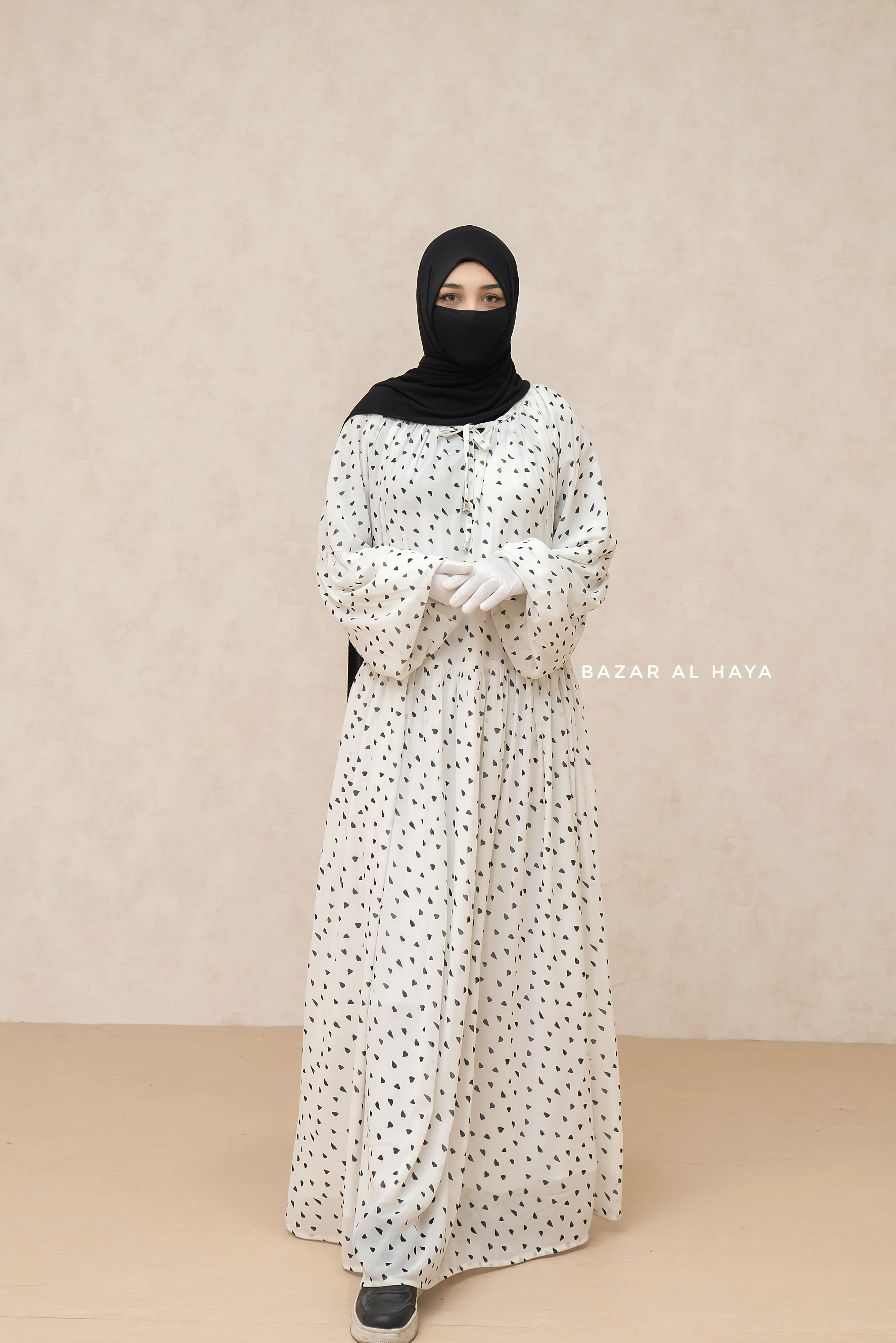 White Amira Chiffon With Tie Neck Strings Abaya Dress - Puff Sleeves