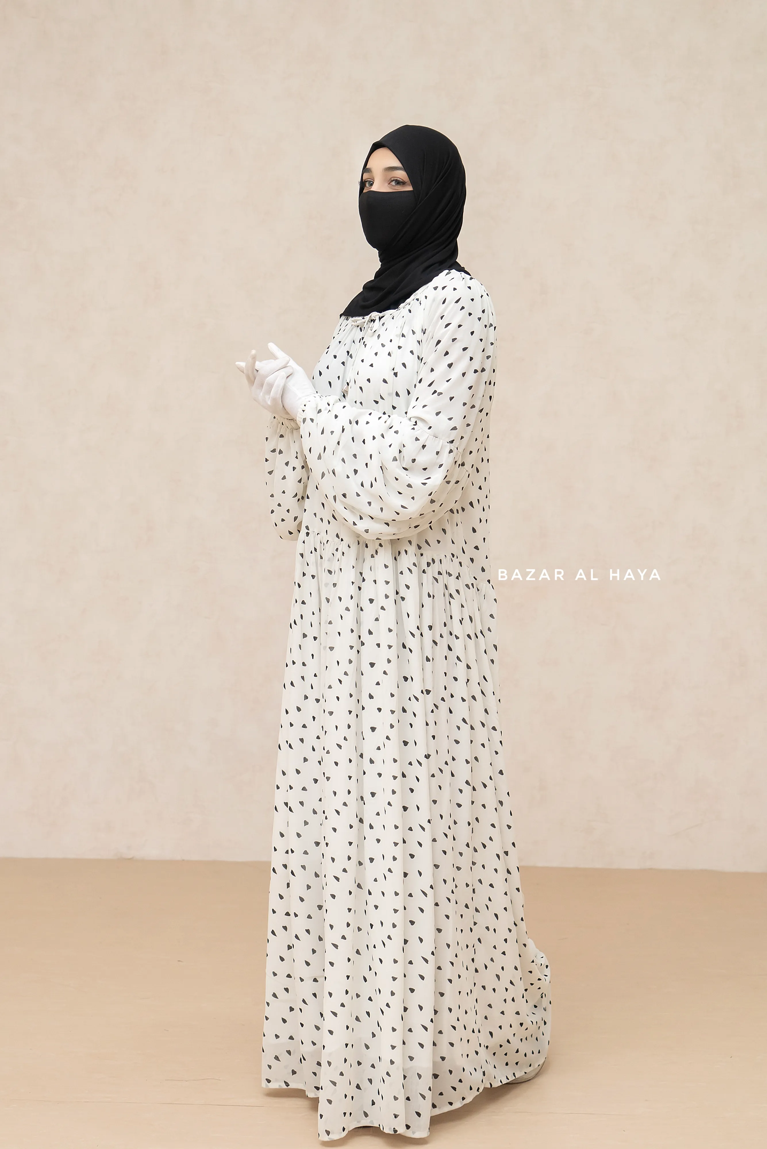 White Amira Chiffon With Tie Neck Strings Abaya Dress - Puff Sleeves