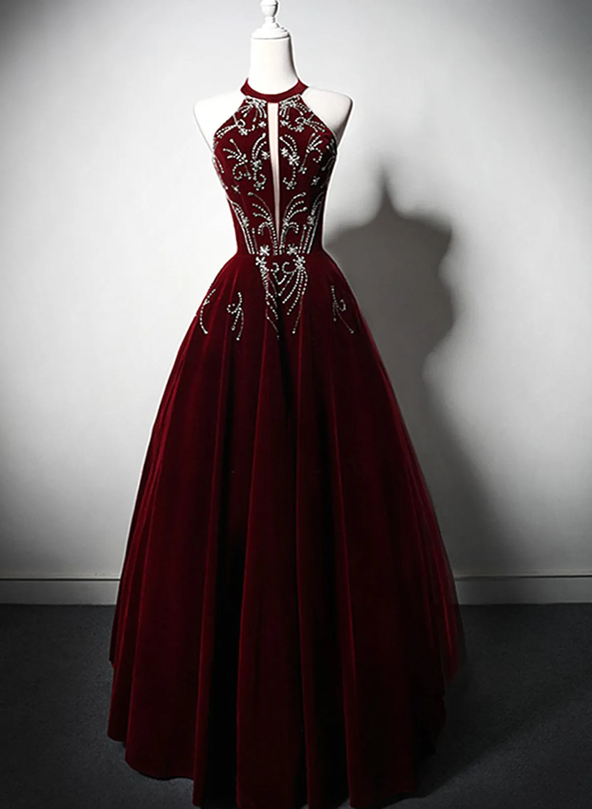 Wine Red Halter Velvet Long Beaded Prom Dress, A-line Velvet Formal Dress