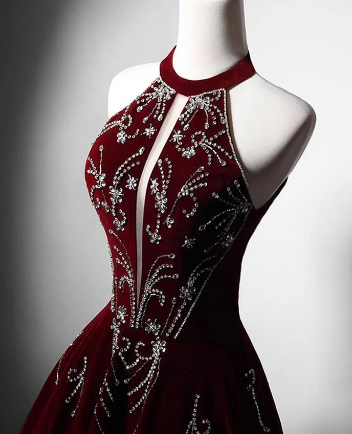 Wine Red Halter Velvet Long Beaded Prom Dress, A-line Velvet Formal Dress