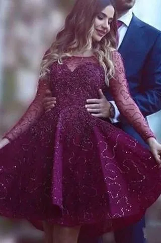 Wine Red Long Sleeves Prom Dresses Beading Prom Gowns Cute Party Dress Short Prom Dress UQP0006