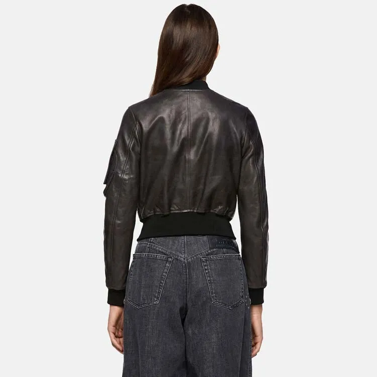 Women’s Black Leather Bomber Jacket With Arm Pocket