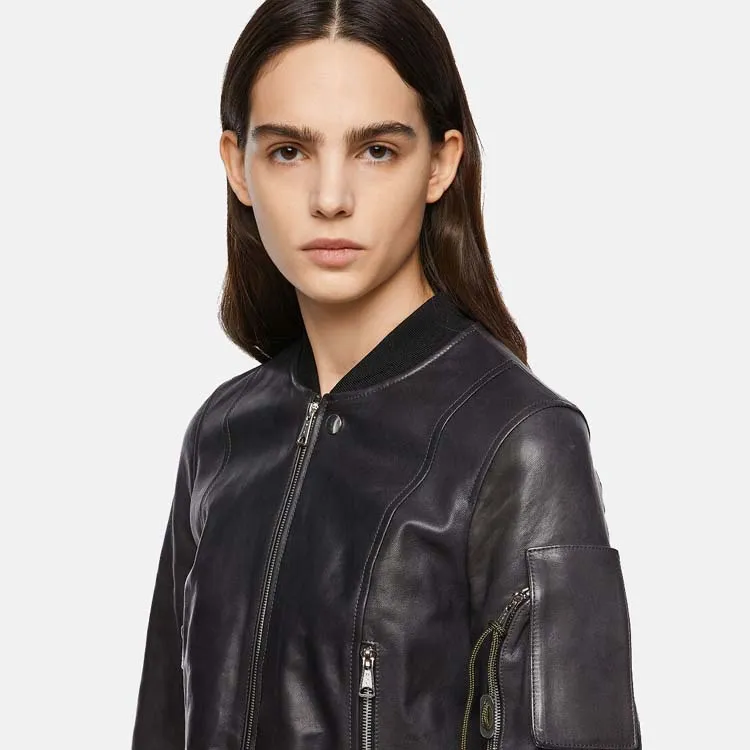 Women’s Black Leather Bomber Jacket With Arm Pocket