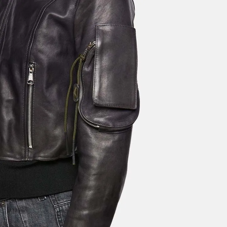 Women’s Black Leather Bomber Jacket With Arm Pocket