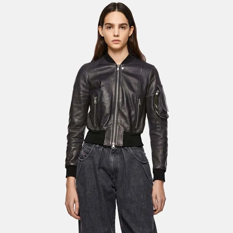 Women’s Black Leather Bomber Jacket With Arm Pocket