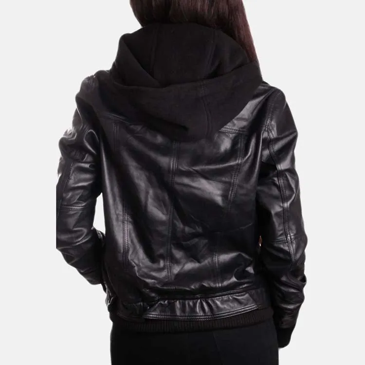 Women’s Black Leather Removable Hooded Bomber Jacket