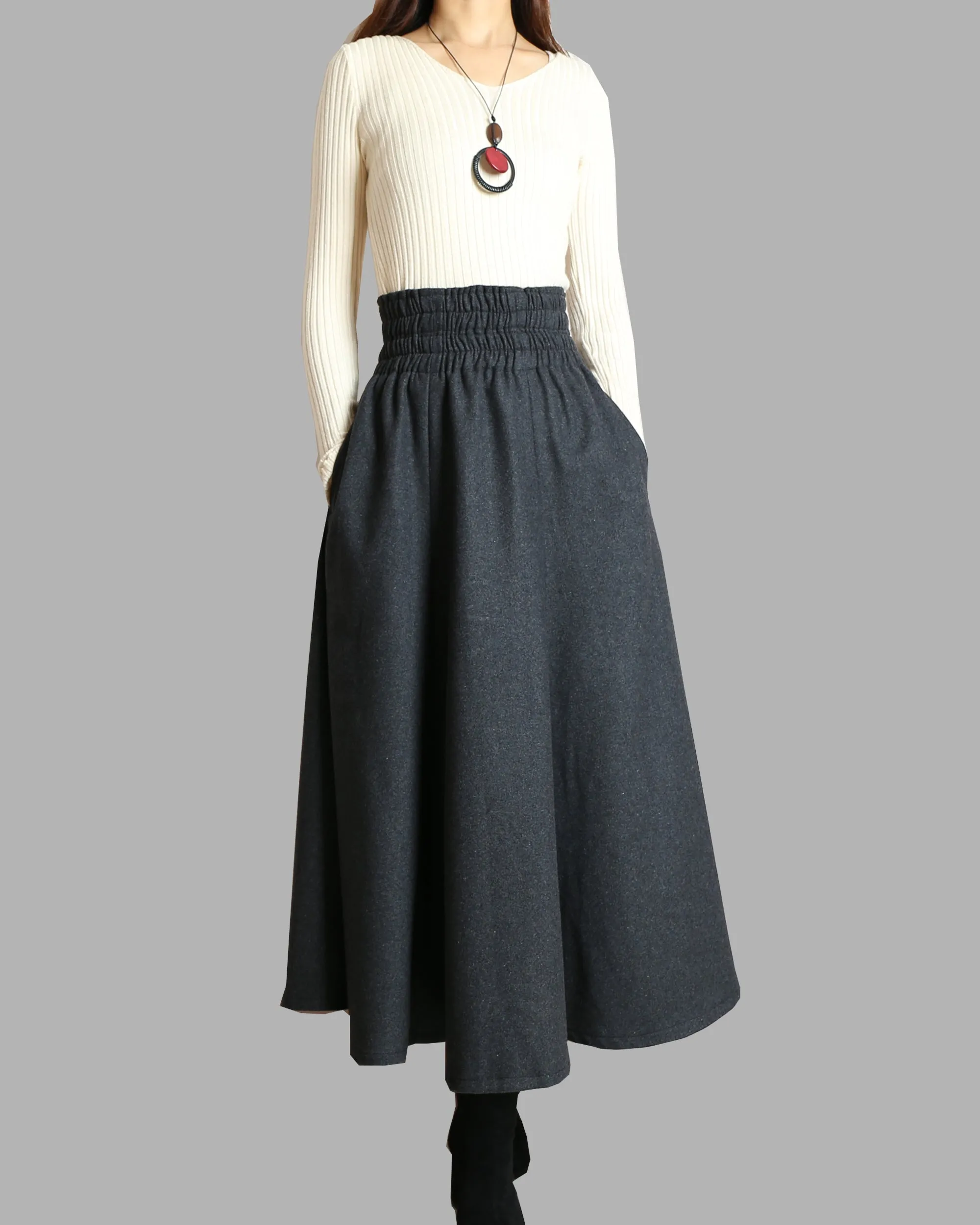 Women's elastic waist skirt/winter skirt/wool skirt/flared skirt/maxi skirt/ankle length skirt(Q1099)