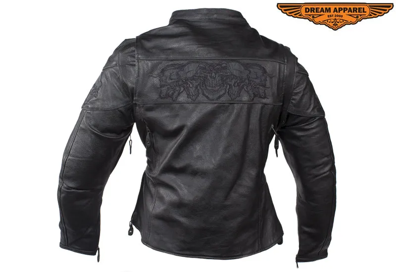 Womens Leather Motorcycle Jacket With Reflective Skulls