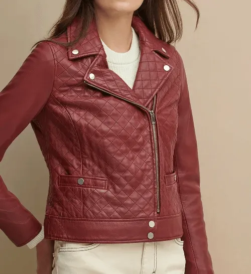 Womens Maroon Asymmetrical Leather Jacket