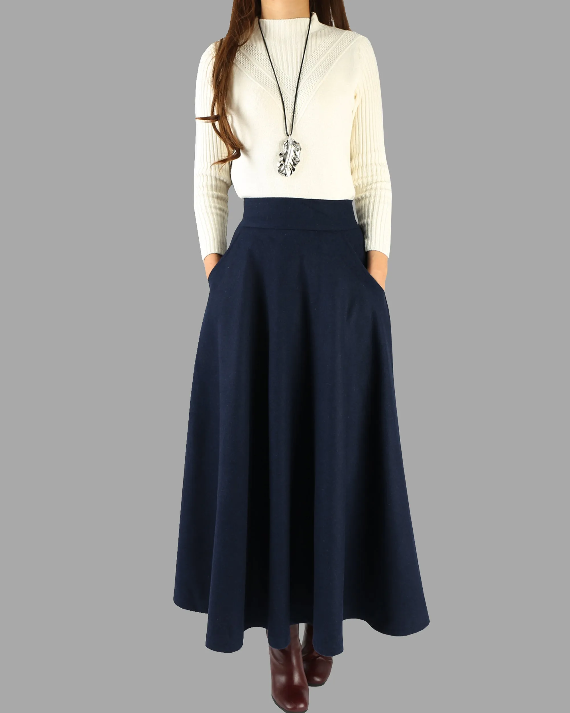 Wool skirt/Maxi skirt/winter skirt/a-line skirt/pleated skirt/dark blue skirt/elastic waist skirt/skirt with pockets A05