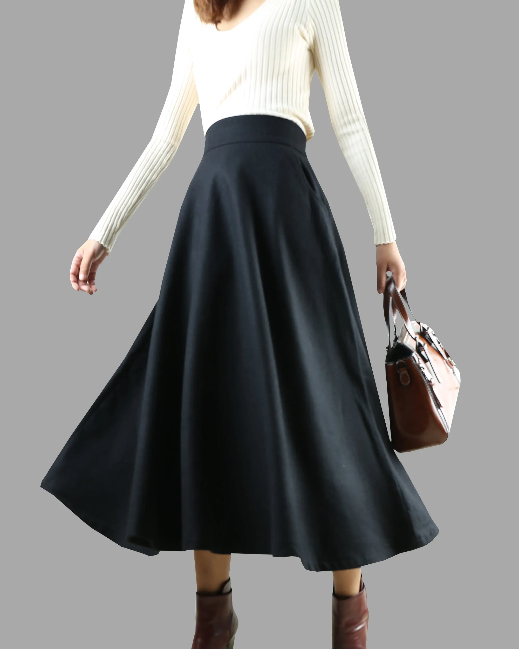 Wool skirt/Maxi skirt/winter skirt/a-line skirt/pleated skirt/dark blue skirt/elastic waist skirt/skirt with pockets A05