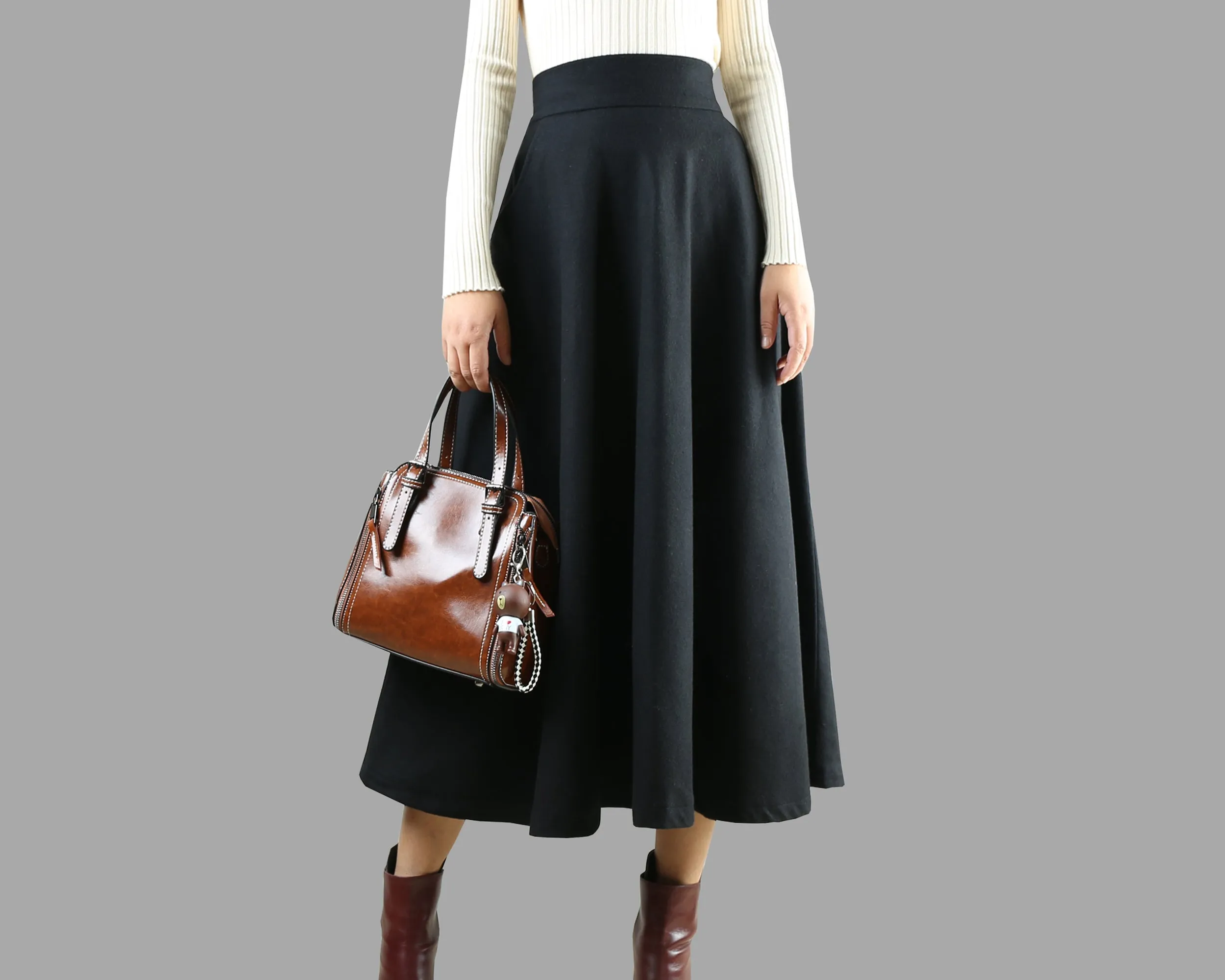 Wool skirt/Maxi skirt/winter skirt/a-line skirt/pleated skirt/dark blue skirt/elastic waist skirt/skirt with pockets A05