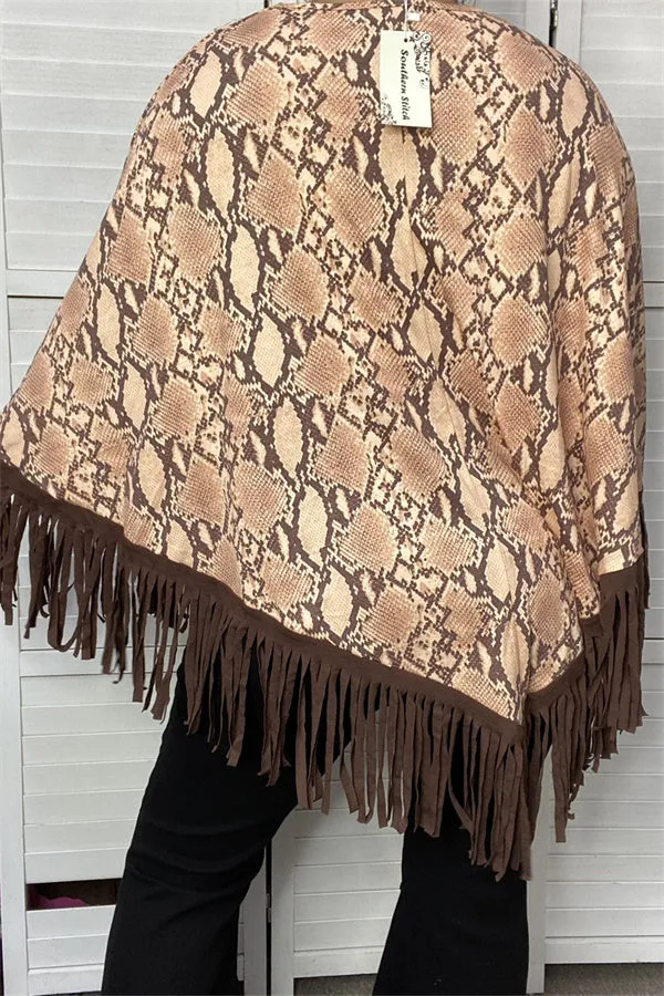 XCH13890 Snake printed poncho with brown fringe/tassel loose for women